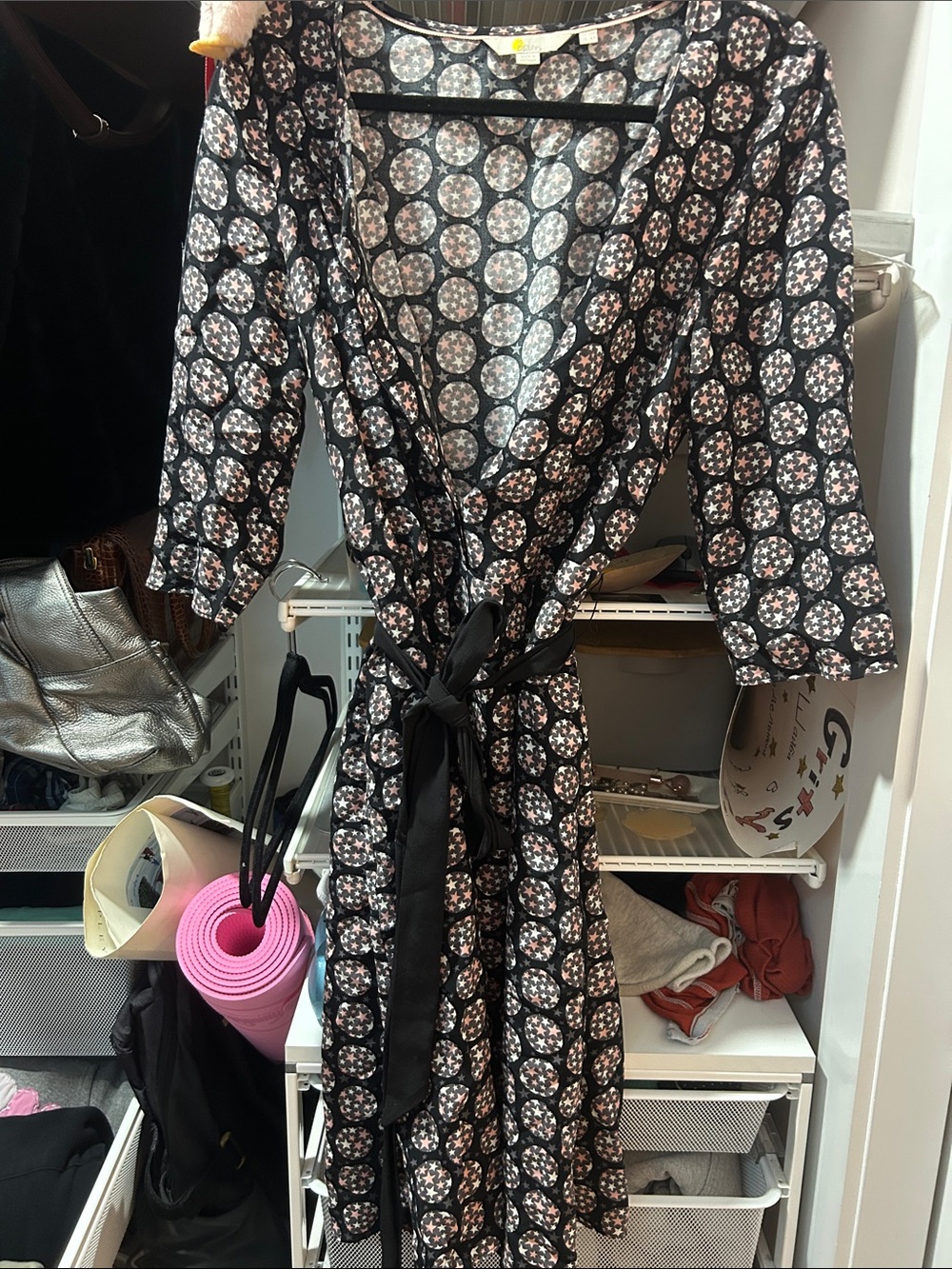Boden Black Floral Wrap Robe with Self-Tie Belt